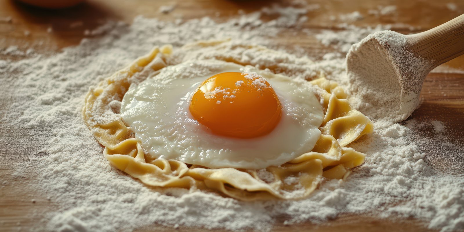 Fresh egg placed on a bed of flour dough ready for preparation in a rustic kitchen